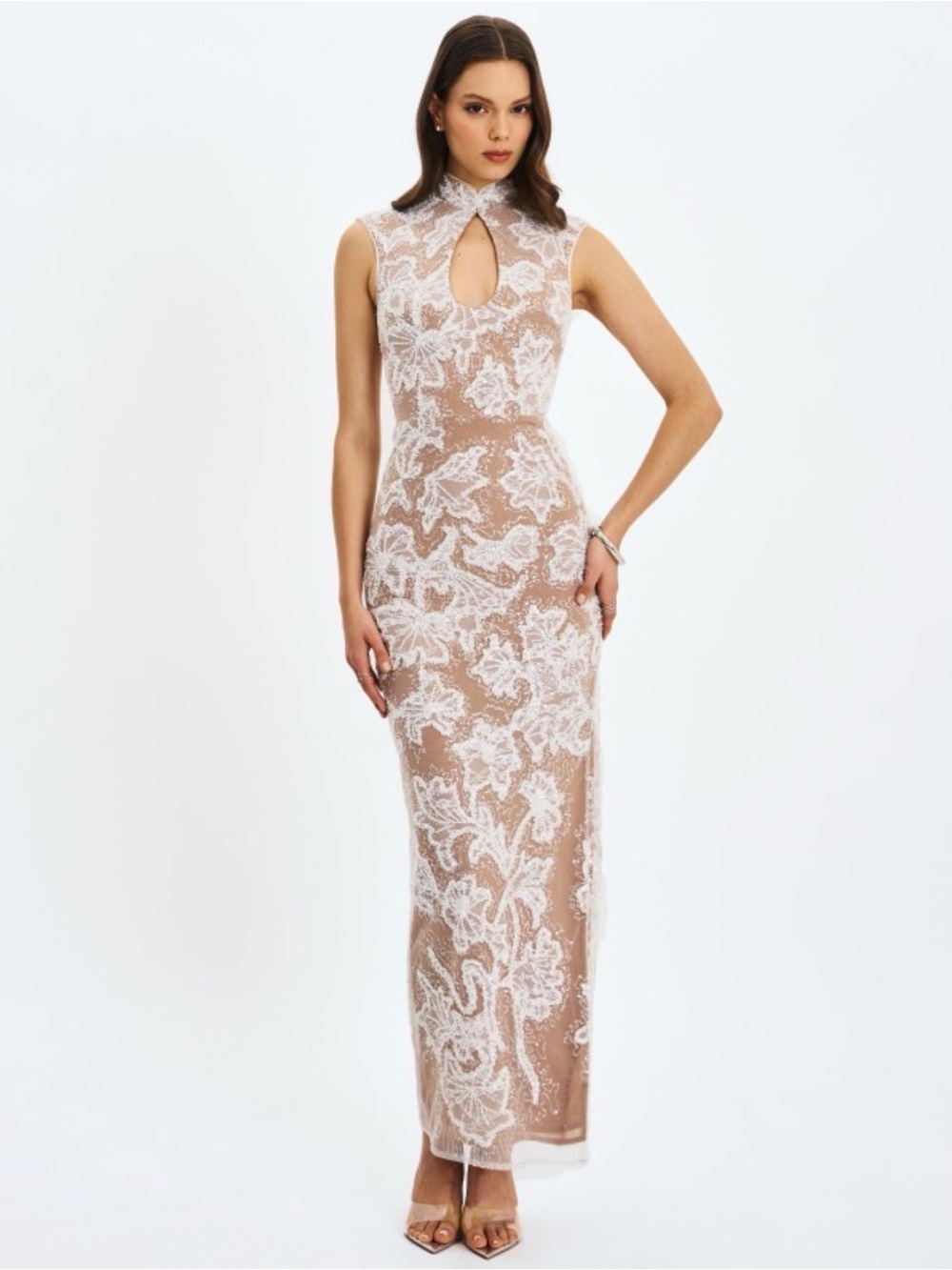 Sleeveless Nude Lace Maxi Dress with Keyhole Front